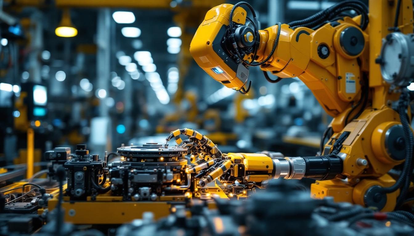A photograph of a sleek industrial robot in action within a manufacturing environment