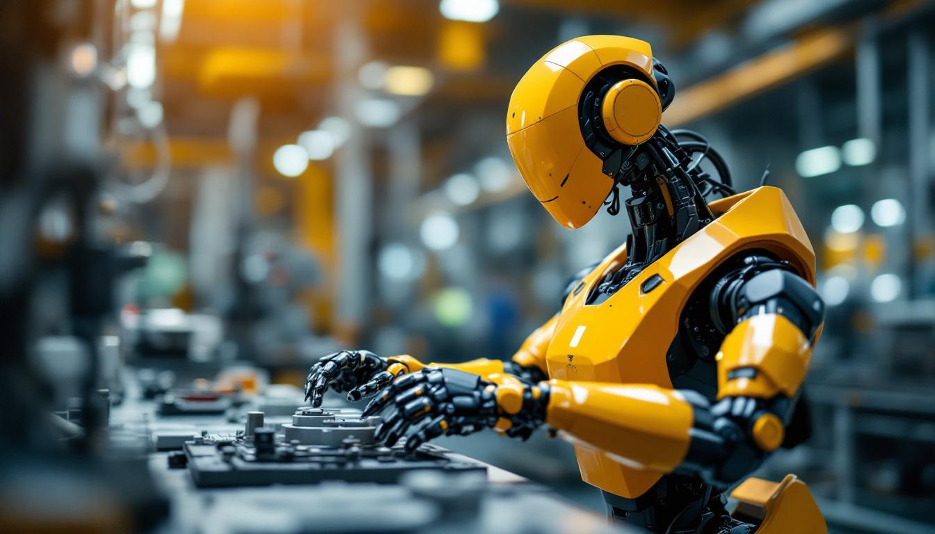 A photograph of capture a photograph of a sleek industrial robot in action within a manufacturing environment