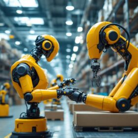 A photograph of a modern warehouse environment showcasing industrial robots in action