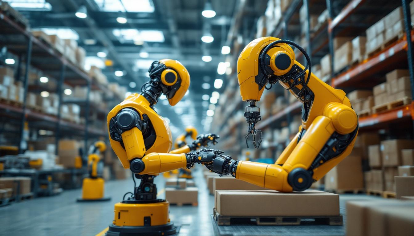 A photograph of a modern warehouse environment showcasing industrial robots in action