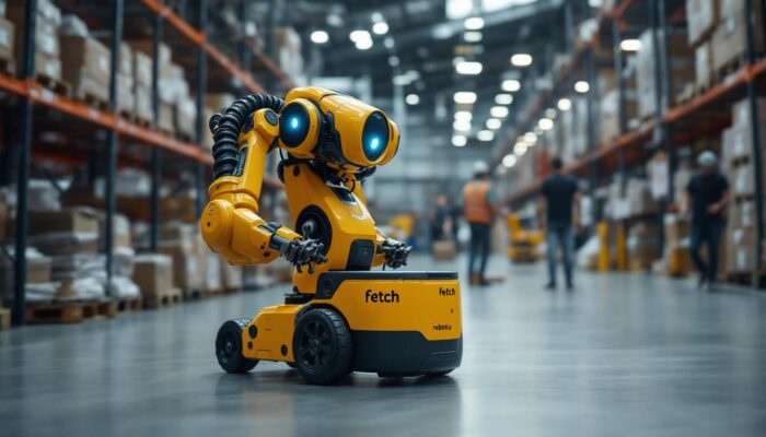 A photograph of a fetch robotics industrial robot in action within a warehouse environment