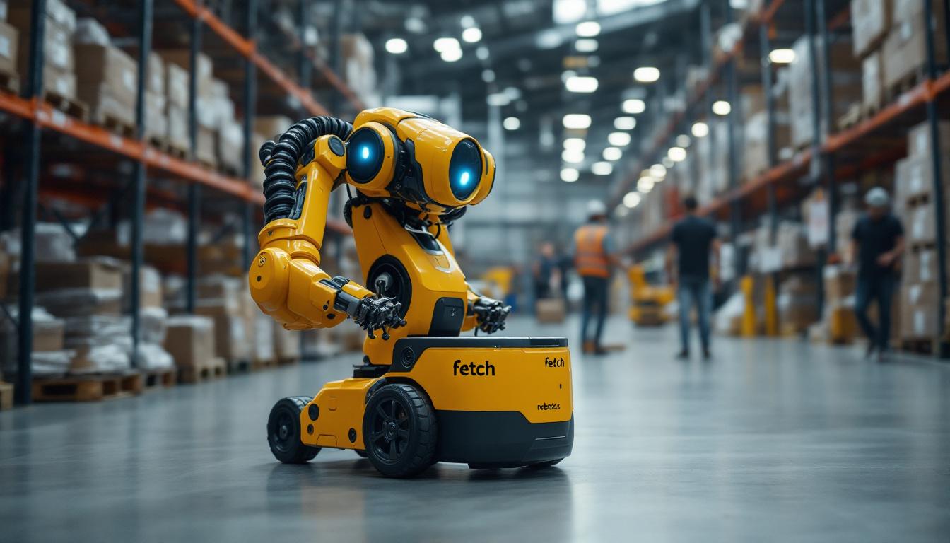 A photograph of a fetch robotics industrial robot in action within a warehouse environment
