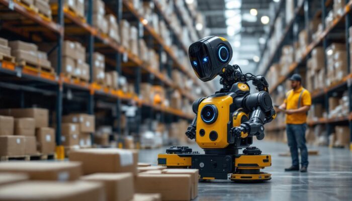 A photograph of a goods to person robot in action within an industrial warehouse setting