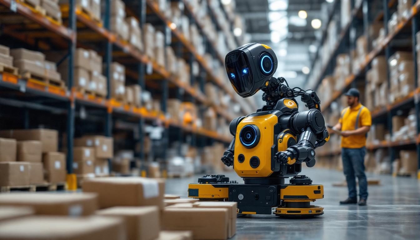 A photograph of a goods to person robot in action within an industrial warehouse setting