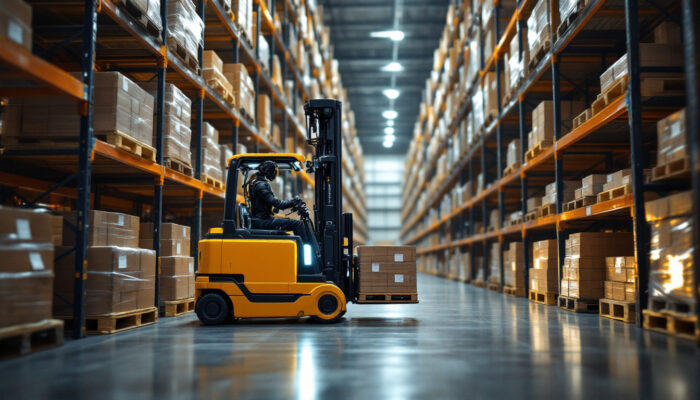 A photograph of a robotic forklift in action within an industrial warehouse setting