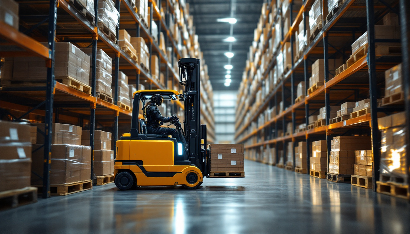 A photograph of a robotic forklift in action within an industrial warehouse setting