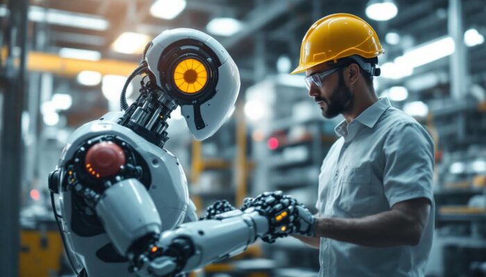 A photograph of a collaborative industrial robot working alongside a human operator in a manufacturing environment