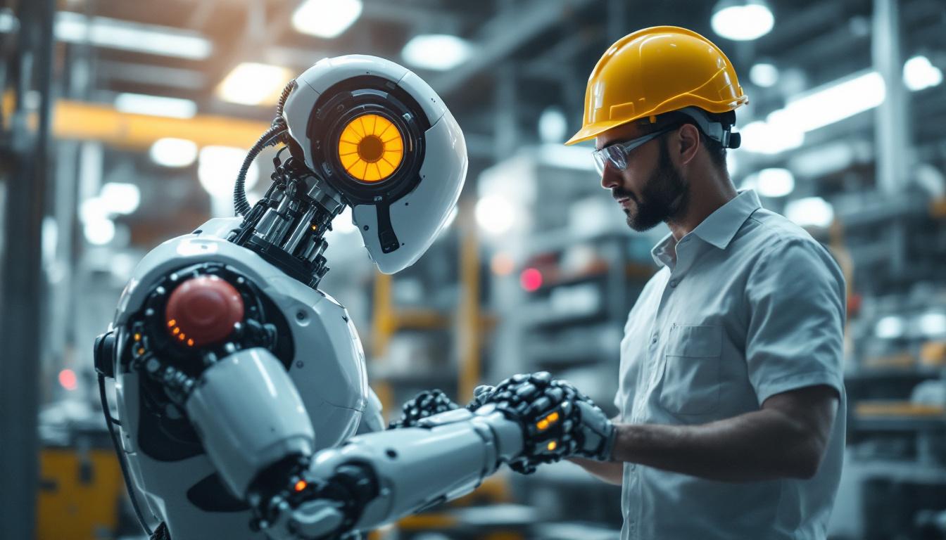 A photograph of a collaborative industrial robot working alongside a human operator in a manufacturing environment