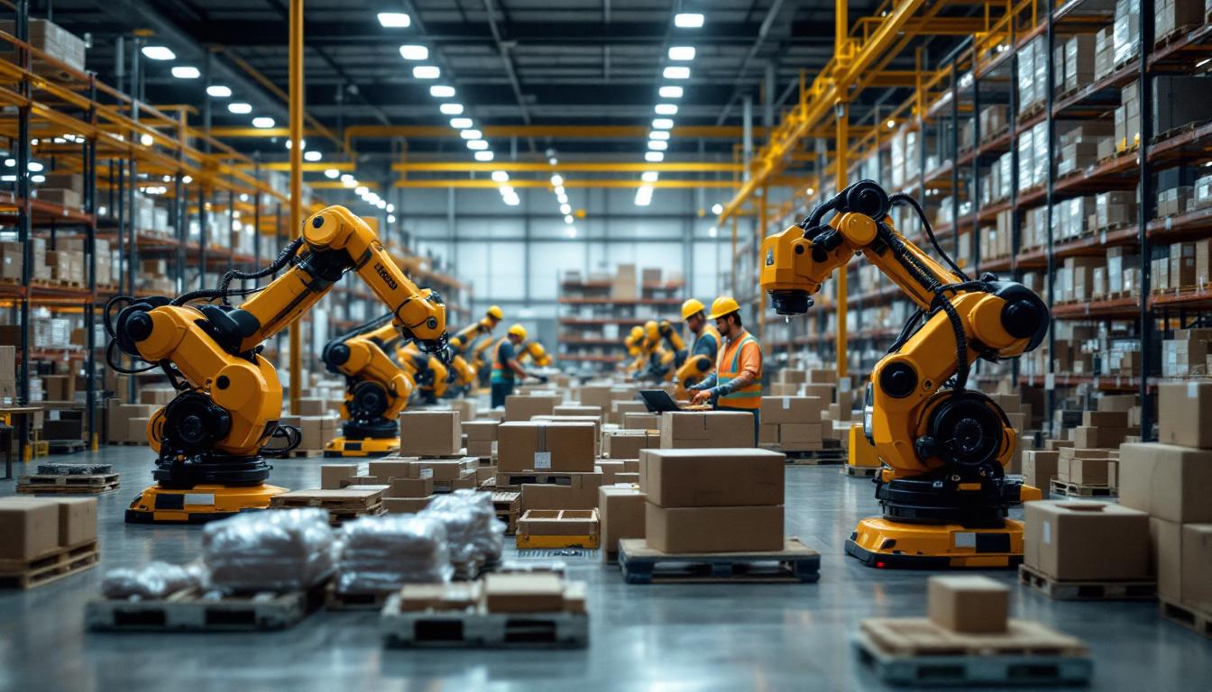 A photograph of a busy amazon warehouse interior showcasing industrial robots in action