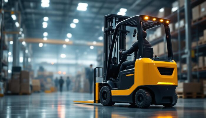 A photograph of a modern forklift in action within an industrial setting