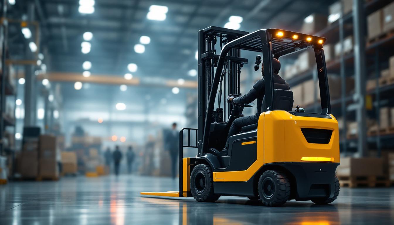 A photograph of a modern forklift in action within an industrial setting