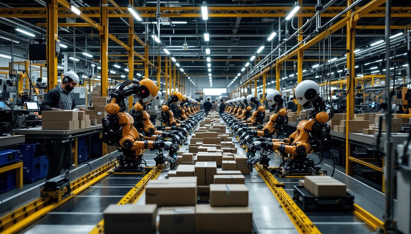 A photograph of a bustling amazon robot factory floor