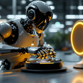 A photograph of a sleek industrial robot in action