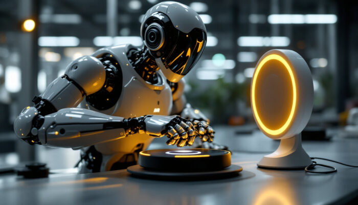 A photograph of a sleek industrial robot in action