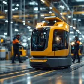 A photograph of a modern industrial setting featuring an autonomous guided vehicle (agv) in action