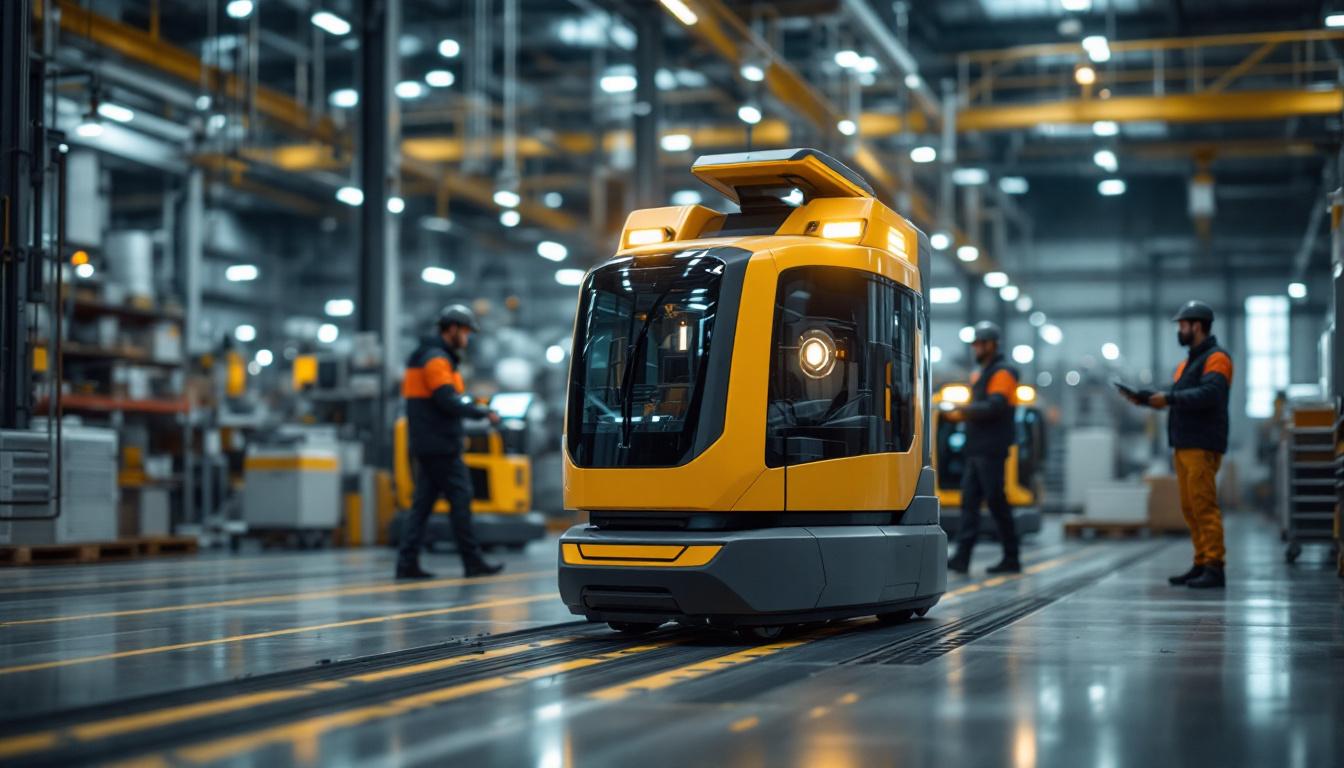 A photograph of a modern industrial setting featuring an autonomous guided vehicle (agv) in action