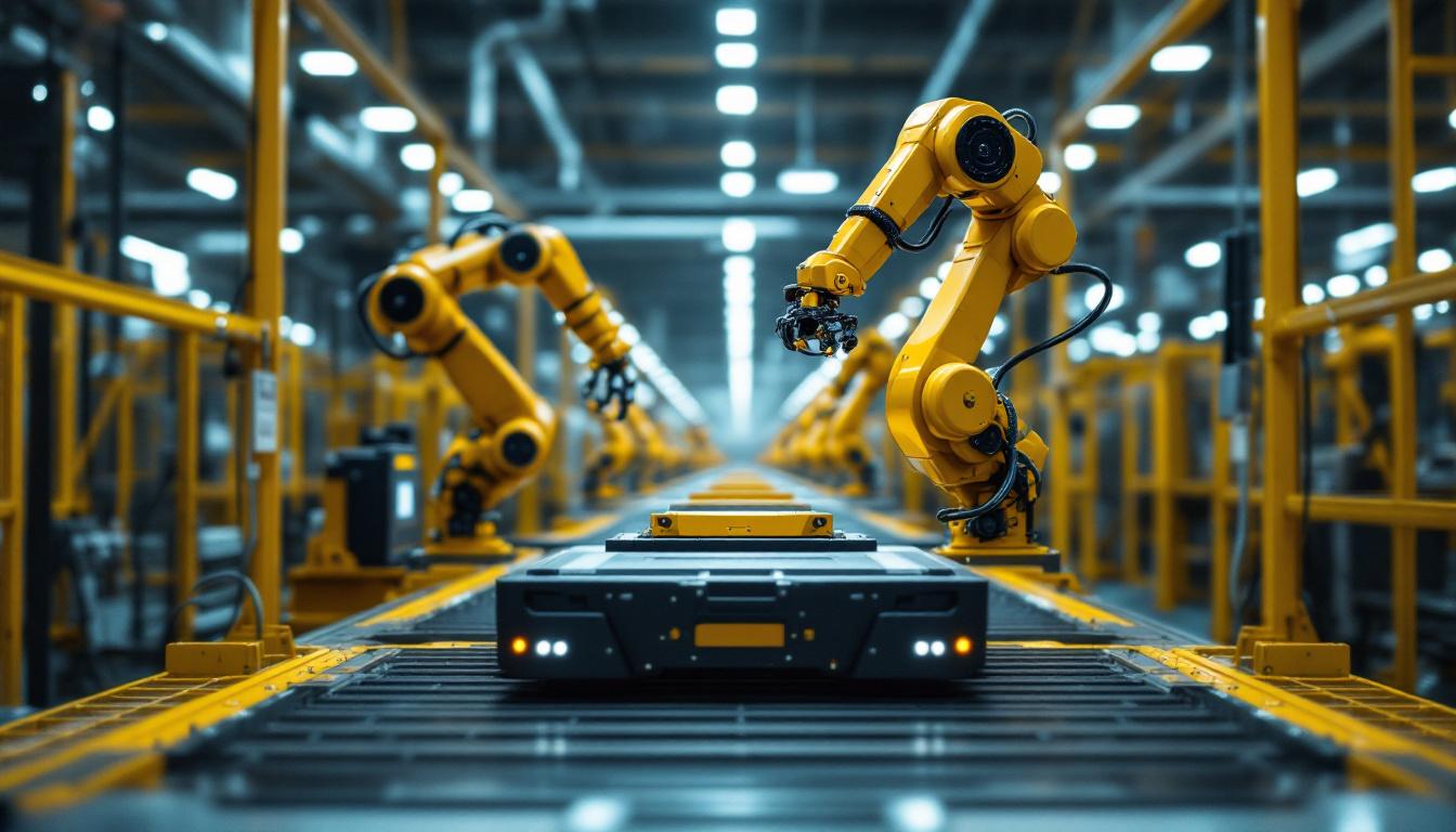 A photograph of capture a photograph of a modern automated factory floor featuring industrial robots in action