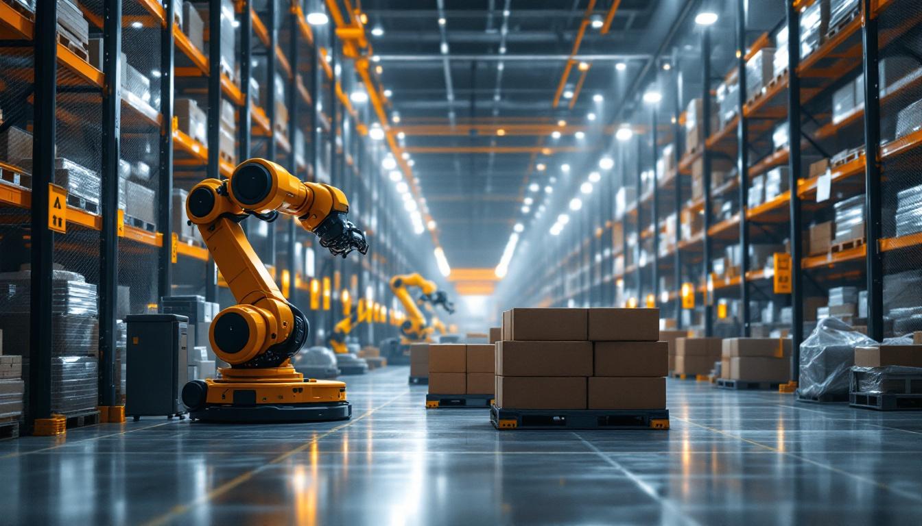A photograph of a modern warehouse environment showcasing a sophisticated cloud-based warehouse management system in action