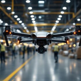 A photograph of a bustling drone warehouse scene