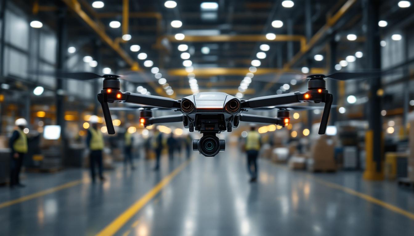 A photograph of a bustling drone warehouse scene