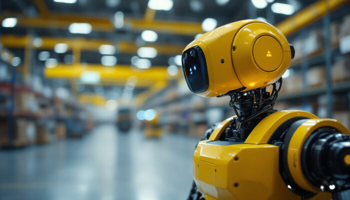 A photograph of a close-up shot of an industrial robot equipped with advanced agv sensors in a bustling warehouse environment