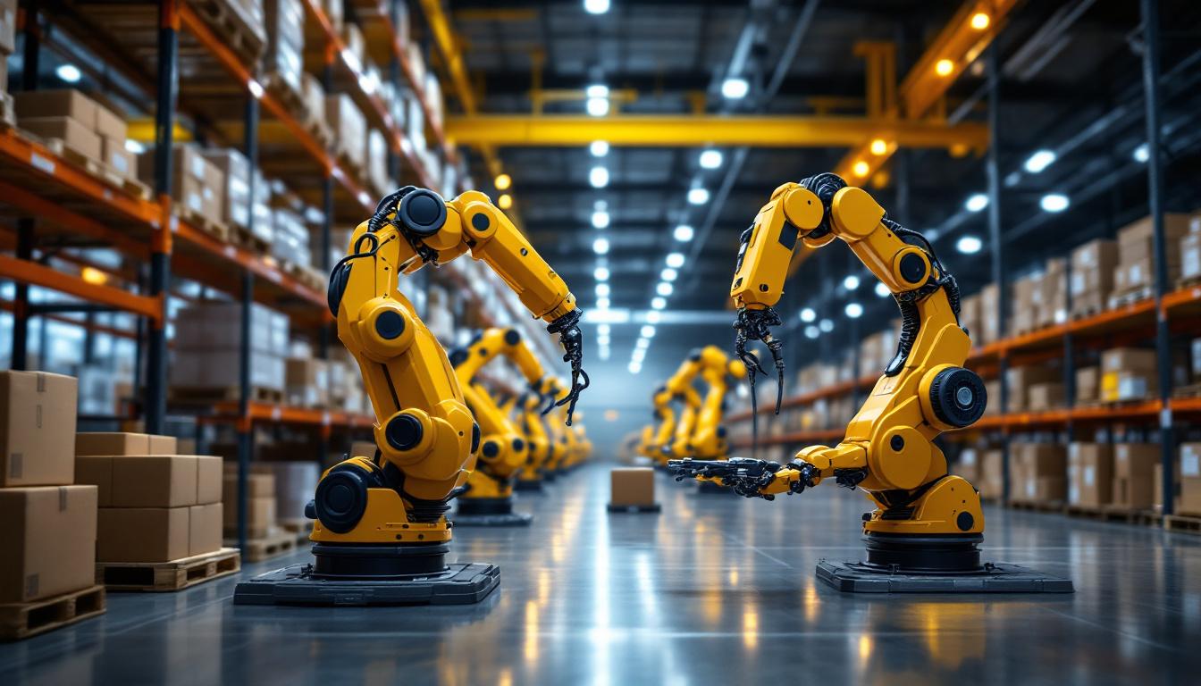 A photograph of a modern warehouse environment featuring industrial robots in action