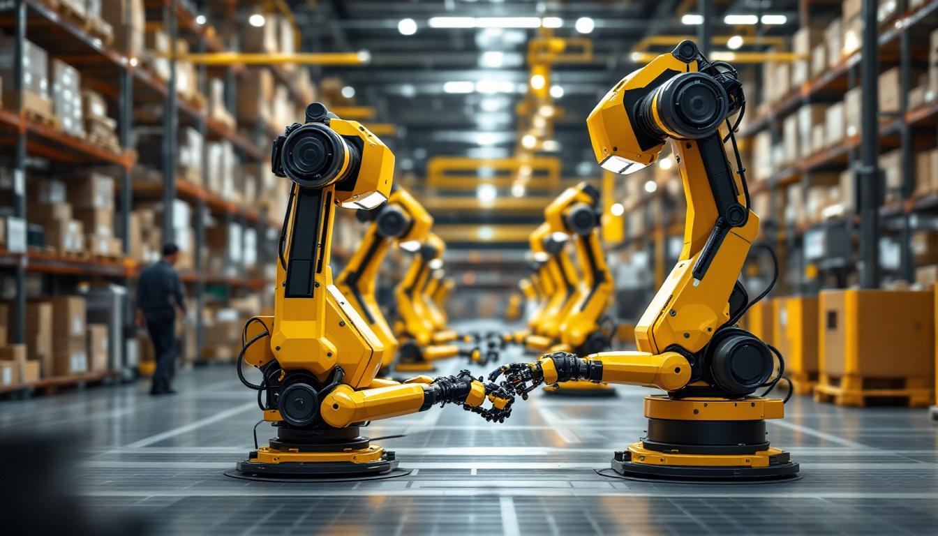 A photograph of a modern warehouse environment showcasing industrial robots in action