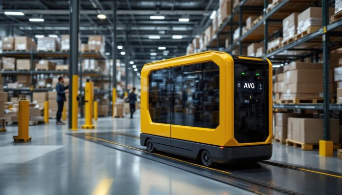 A photograph of a sleek pallet agv navigating through a modern warehouse environment