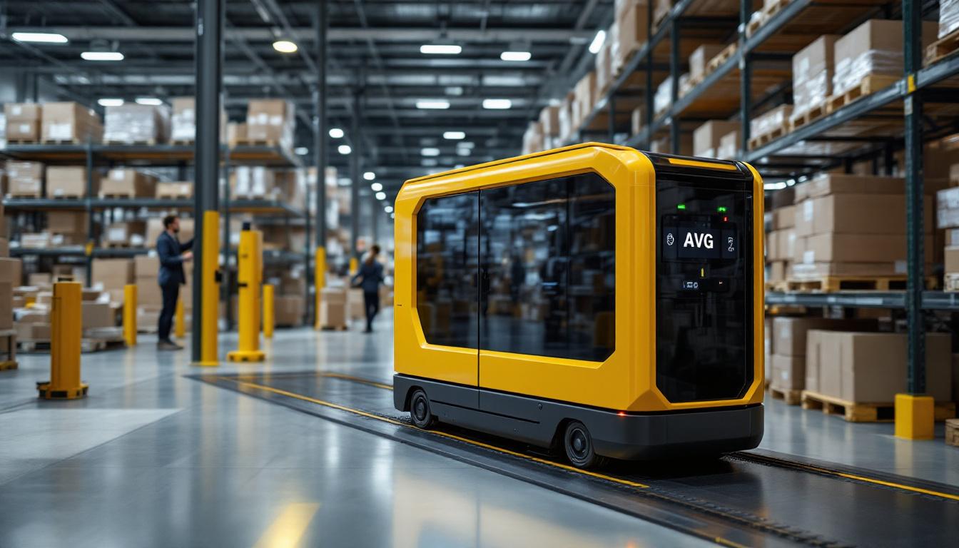 A photograph of a sleek pallet agv navigating through a modern warehouse environment