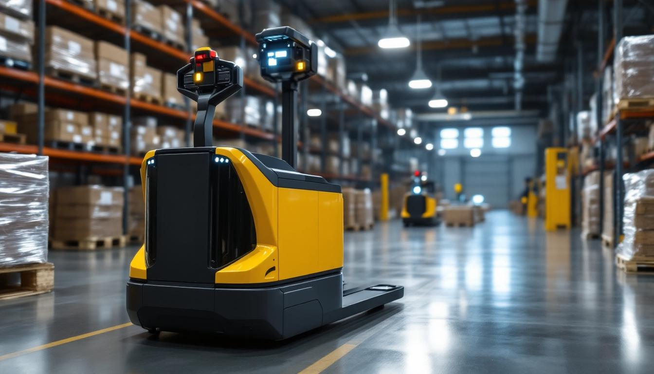 A photograph of a mobile pallet truck in action within an industrial setting
