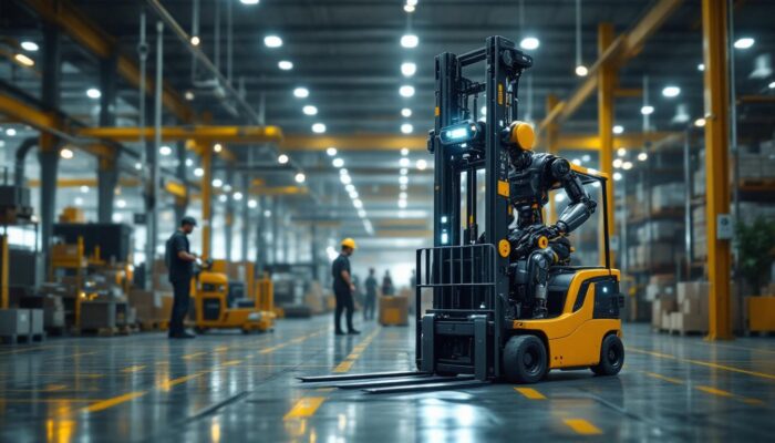 A photograph of a modern industrial setting featuring a robotic forklift in action