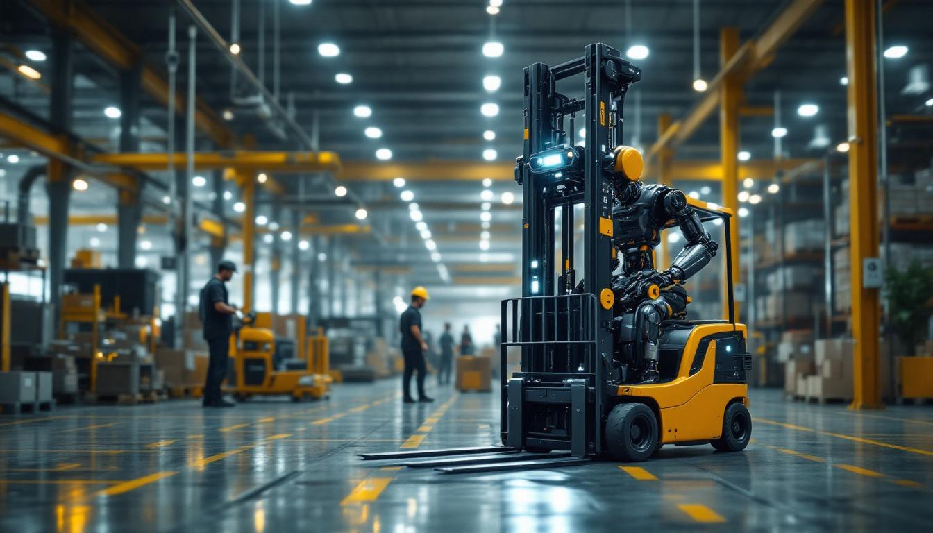 A photograph of a modern industrial setting featuring a robotic forklift in action