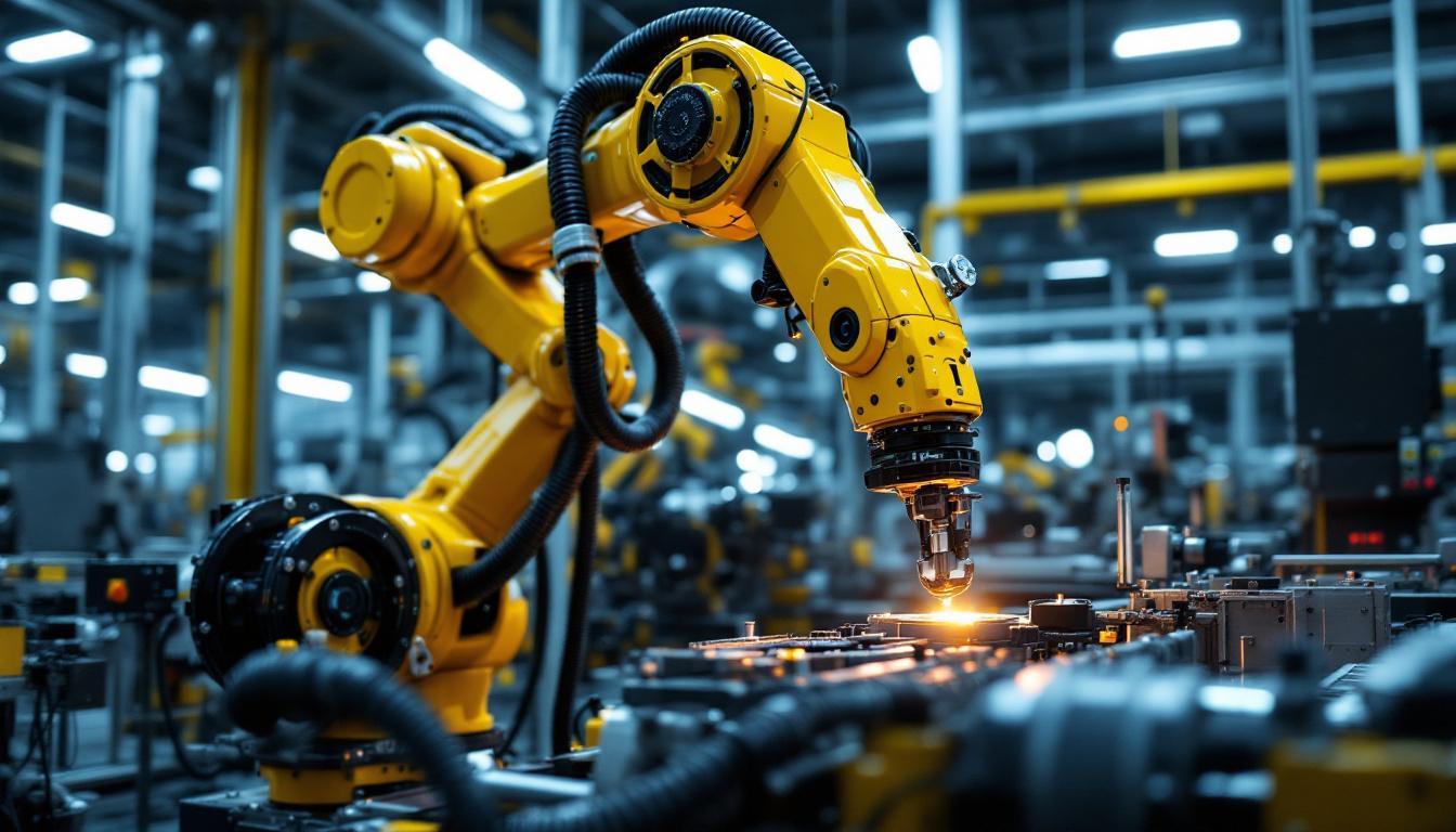 A photograph of capture a photograph of a toyota amr industrial robotic arm in action within a modern manufacturing environment