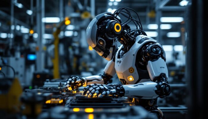 A photograph of a sleek industrial robot in action within a manufacturing environment