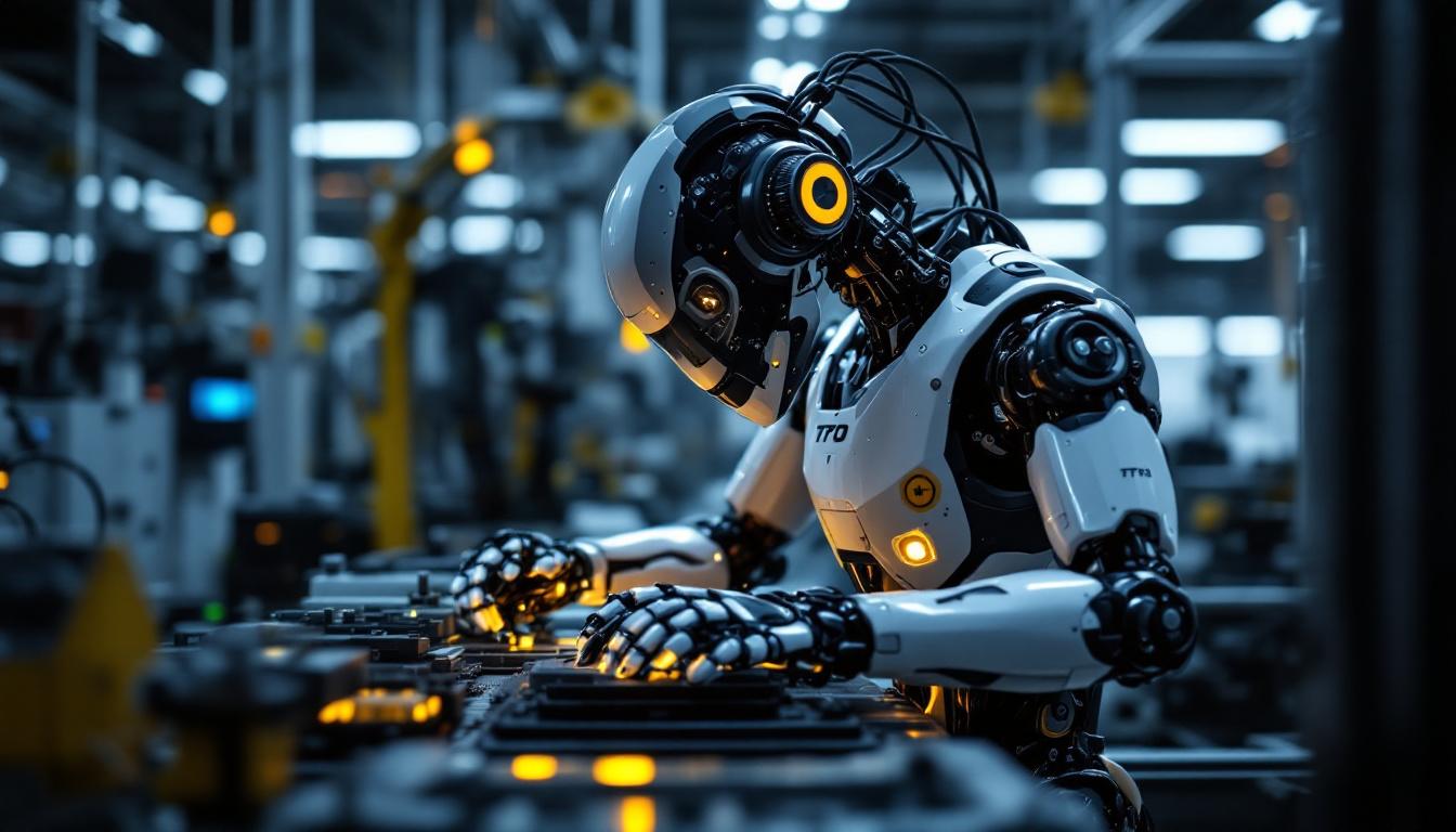 A photograph of a sleek industrial robot in action within a manufacturing environment