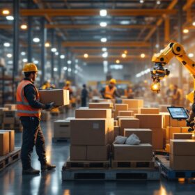 A photograph of a bustling warehouse environment showcasing various industrial robots in action