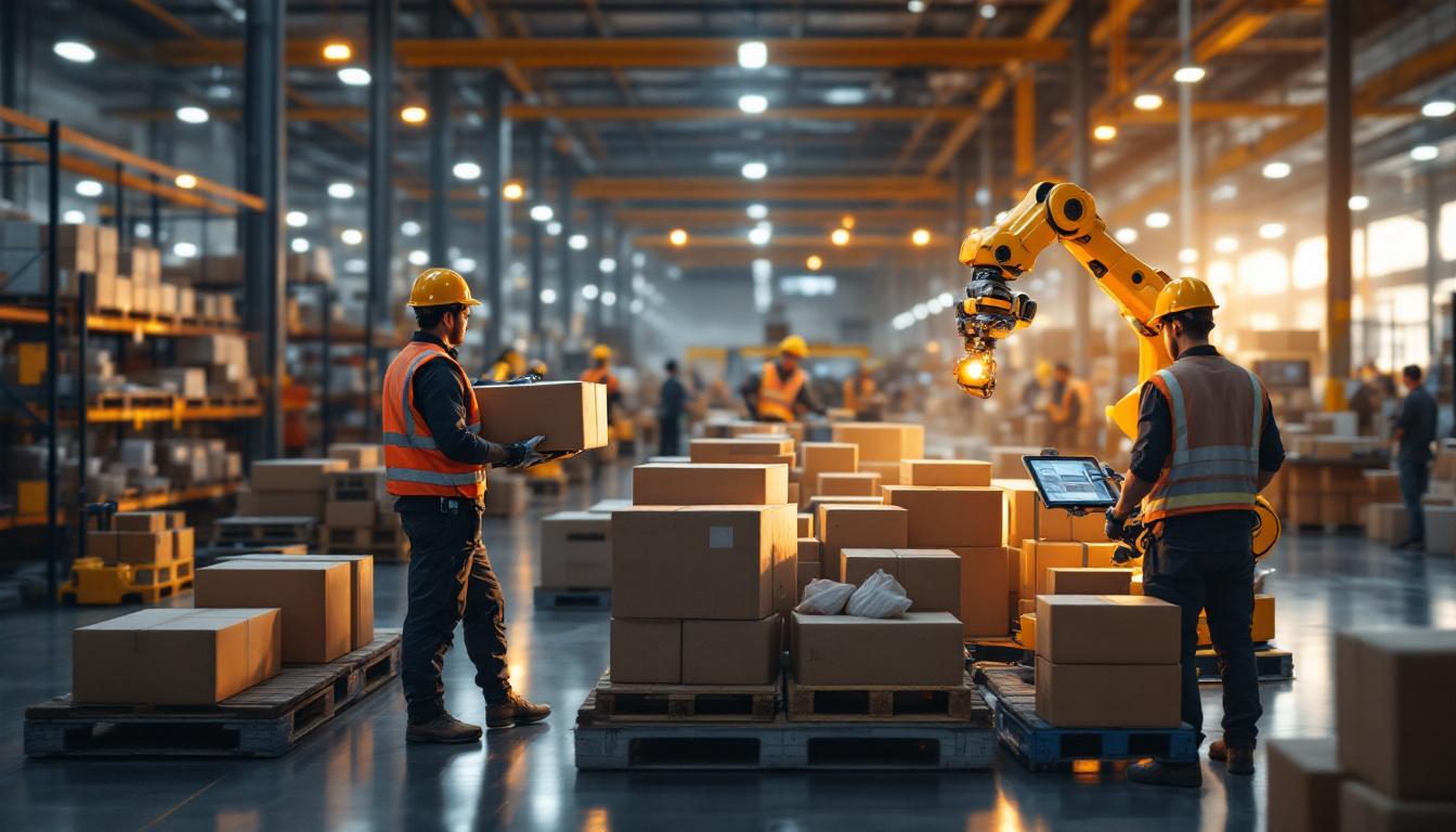A photograph of a bustling warehouse environment showcasing various industrial robots in action