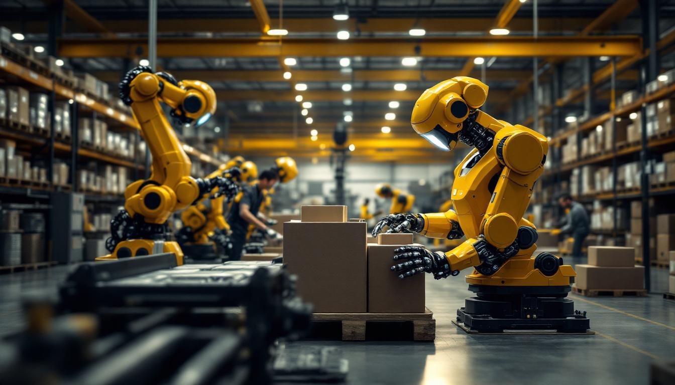 A photograph of a modern warehouse environment showcasing industrial robots in action
