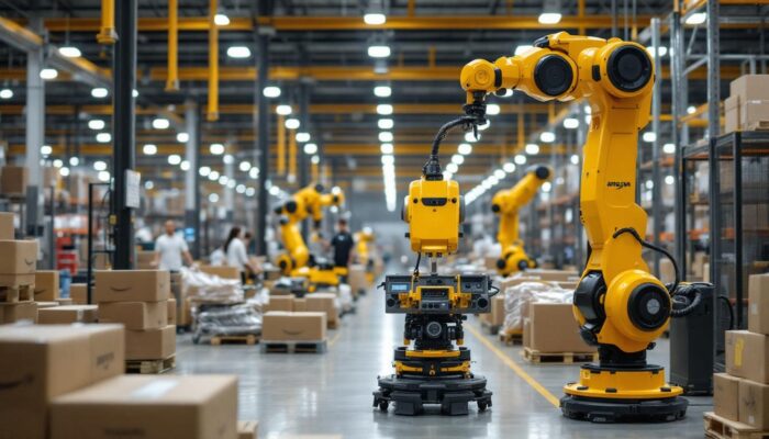 A photograph of a bustling amazon warehouse floor showcasing advanced industrial robots in action