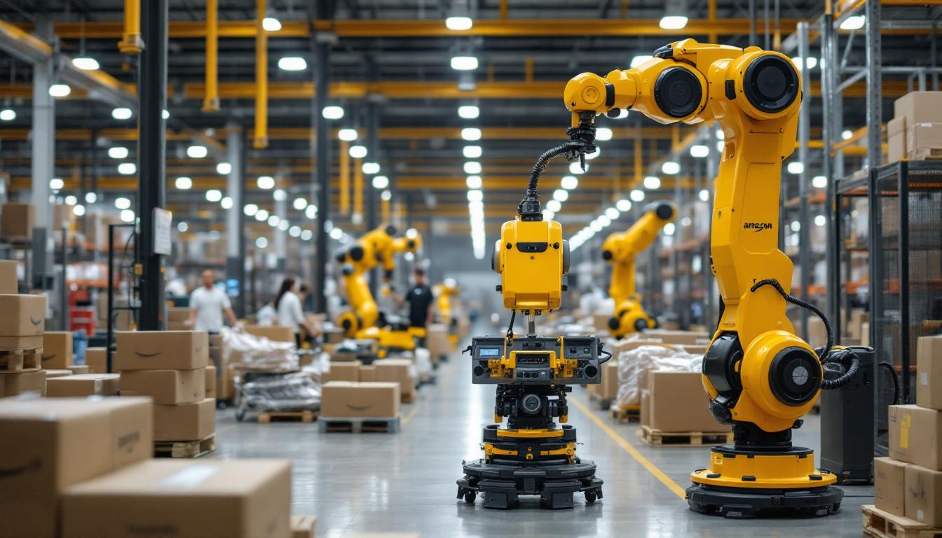 A photograph of a bustling amazon warehouse floor showcasing advanced industrial robots in action