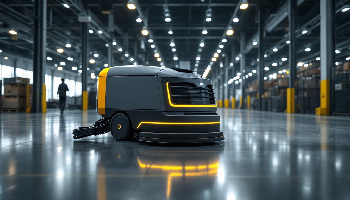 A photograph of capture a photograph of a sleek industrial robotic floor cleaning machine in action within a large commercial space