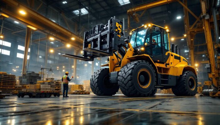 A photograph of capture a photograph of the world's largest forklift in action
