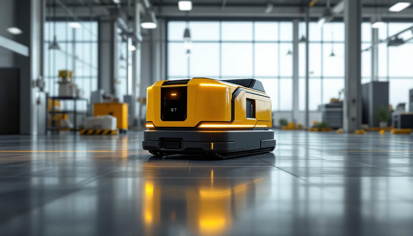 A photograph of a sleek industrial robotic floor machine in action