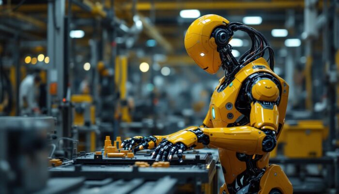 A photograph of a sleek industrial robot in action within a manufacturing environment