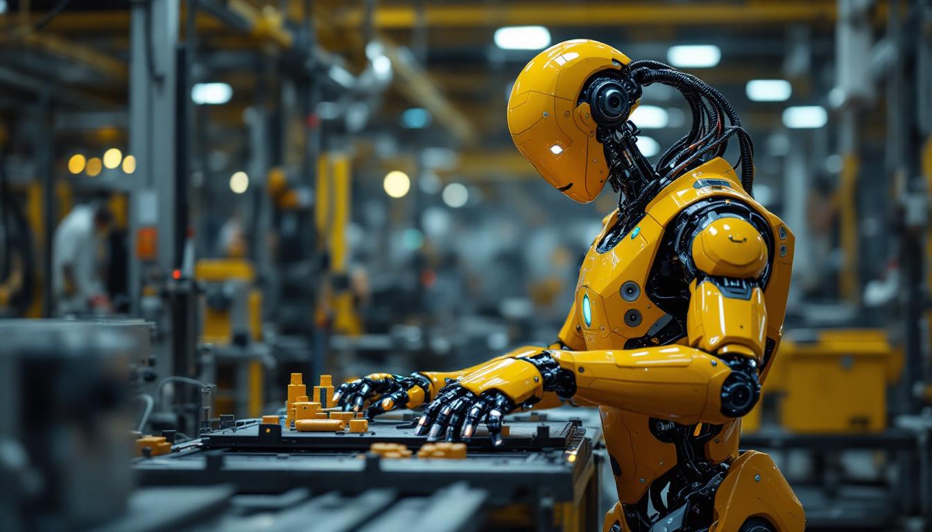A photograph of a sleek industrial robot in action within a manufacturing environment