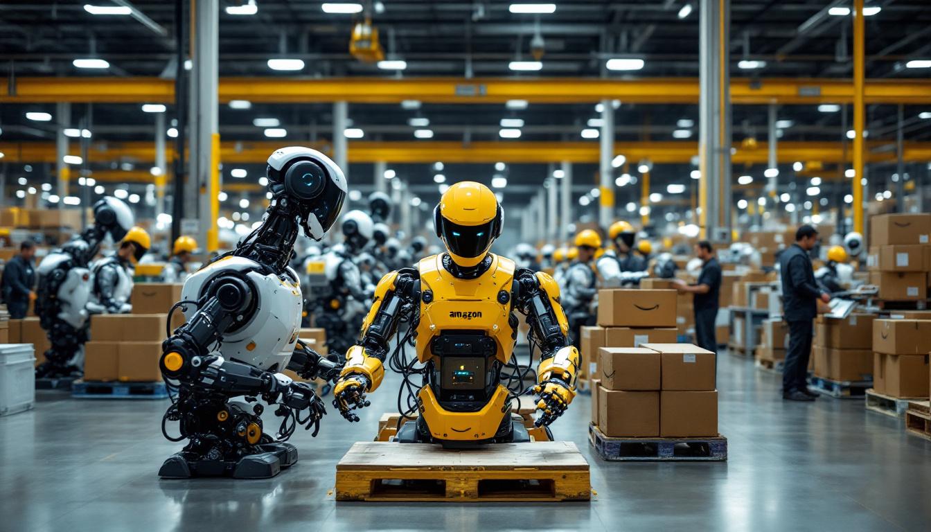 A photograph of a bustling amazon warehouse showcasing various industrial robots in action