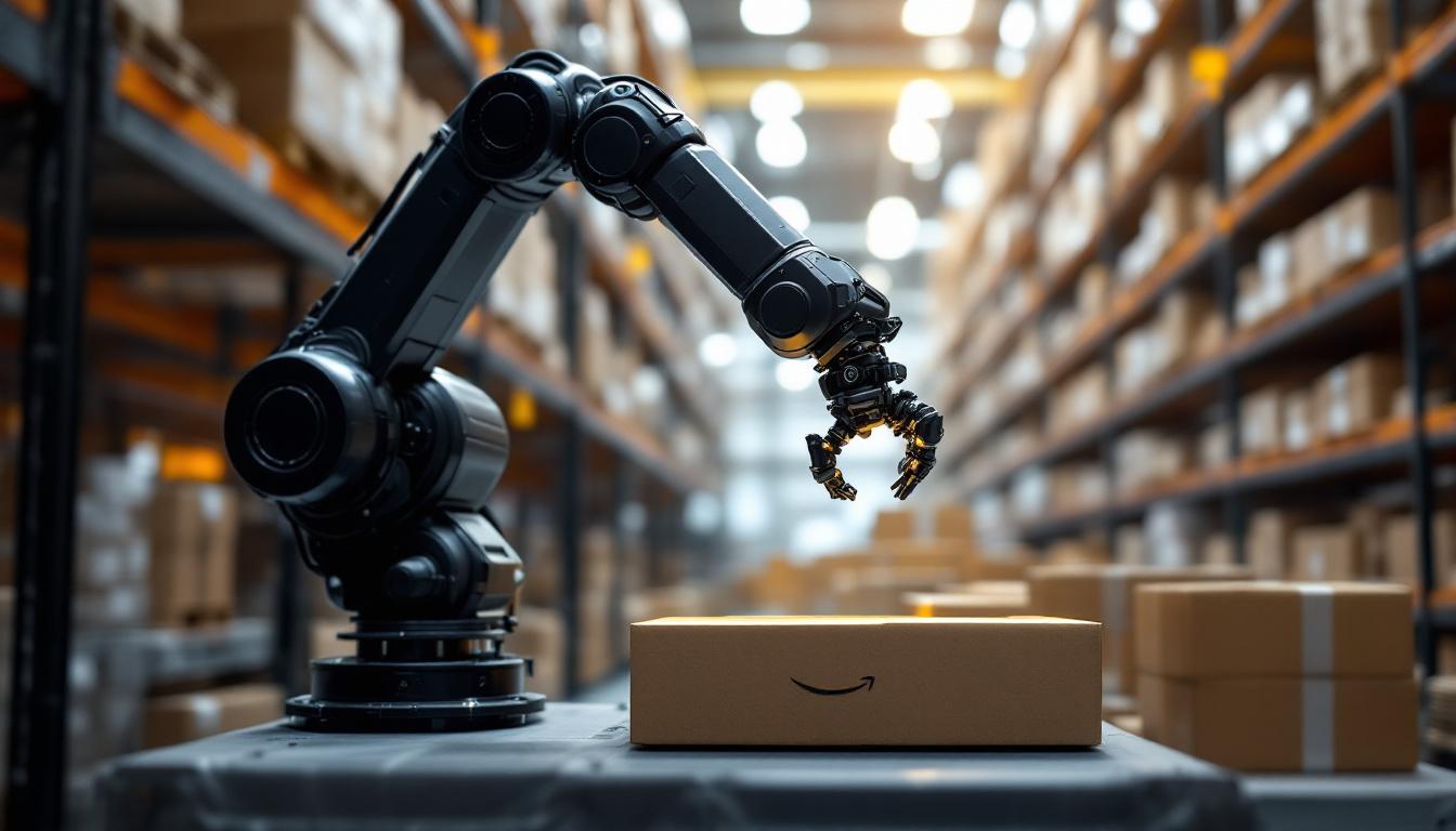 A photograph of a sleek industrial robotic arm in action within an amazon warehouse setting