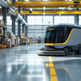 A photograph of a sleek industrial robotic cleaning machine in action within a spacious warehouse environment