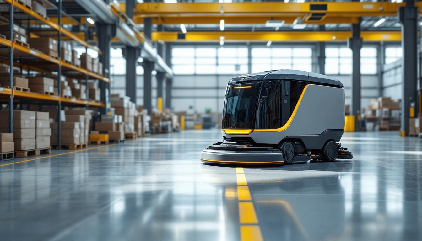 A photograph of a sleek industrial robotic cleaning machine in action within a spacious warehouse environment