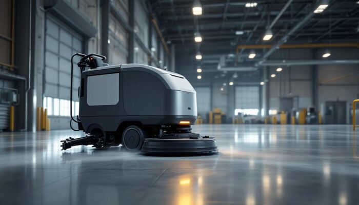 A photograph of a sleek industrial robotic floor scrubber in action within a large commercial space